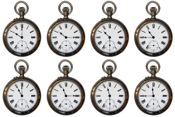 A collection of photographs of a pocket antique silver watch, transparent. The collection contains the readings of the hand in 15-minute increments, from 10:00 to 11:45