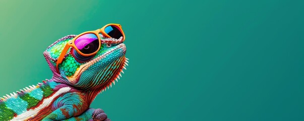 A chameleon on vacation, holiday wearing sunglasses on green background, with copy space