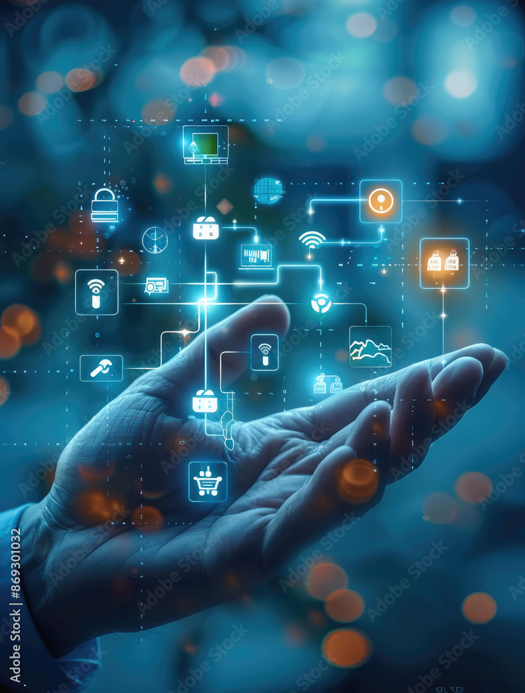 Poster An engineer hand holds several icons representing smart home technology, such as lights and temperature control. icon that represent different aspects or features in technological products.