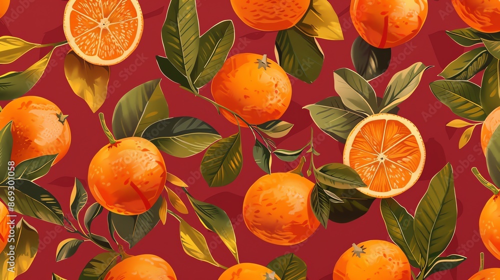 Aufkleber seamless pattern with oranges and leaves on a red background.