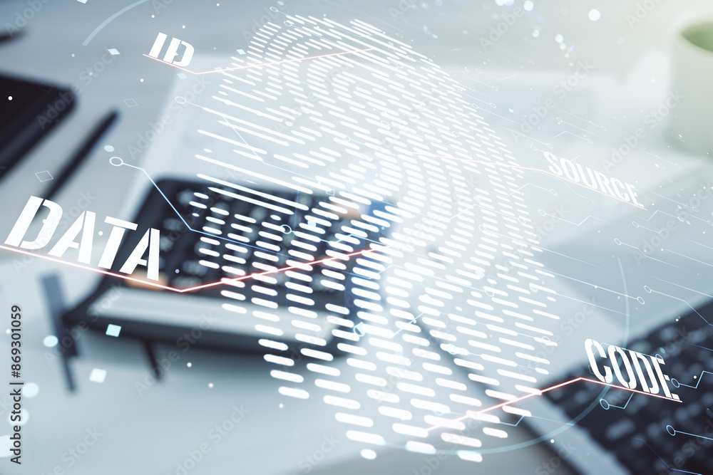 Aufkleber Multi exposure of virtual fingerprint scan interface on calculator and pc background, digital access concept