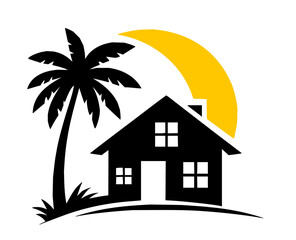 silhouette house with coconut trees vector icon