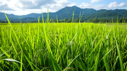 Fototapeta premium Vibrant Green Rice Paddy Field in a Mountainous Landscape