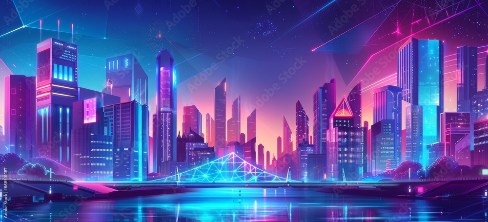 Wall mural Future metropolis streets night skyline cartoon illustration featuring blue and violet neon lights futuristic skyscrapers, bridge, subway railroad. City bay illustration in sci-fi style.