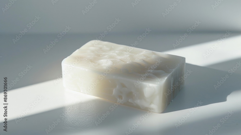 Poster a single soap bar placed on a clean and empty white surface, ideal for still life photography or bea