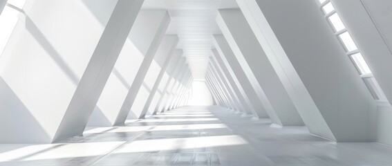 Obraz premium Futuristic sci-fi triangle tunnel with white background. 3D rendering of empty long light corridor.