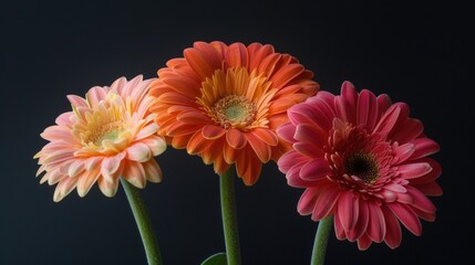 A still life image of three flowers arranged in a decorative vase on a table