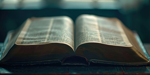 Obraz premium An open book sitting on a wooden table with a simple and classic design