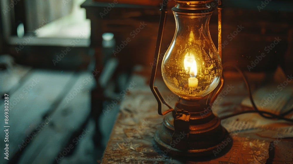Poster a lamp sitting on a table with a soft glow
