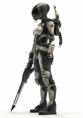 The sci-fi samurai girl in a future black armor suit with a helmet stands holding a futuristic Japanese samurai sword. The picture is rendered in 3D.