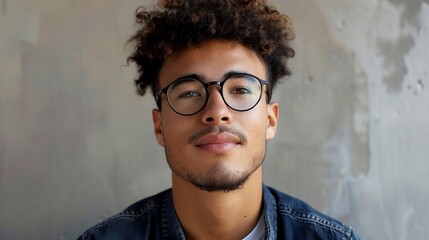 Obraz premium A young man with curly hair and glasses looks directly at the camera with a relaxed expression.
