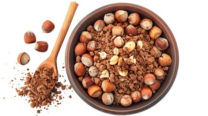 A bowl filled with various types of nuts and a wooden spoon resting beside it