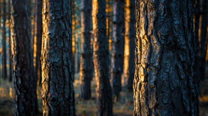 Fototapeta premium Pine Forest With Close-up Of Tree Trunks In Evening Light. Backlighting And Long Shadows Create A Tranquil Atmosphere, Highlighting Rich Textures. 