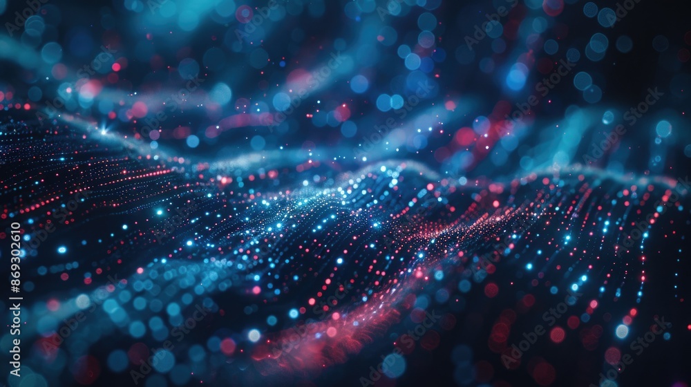 Poster a colorful abstract background featuring numerous small dots in shades of blue and red