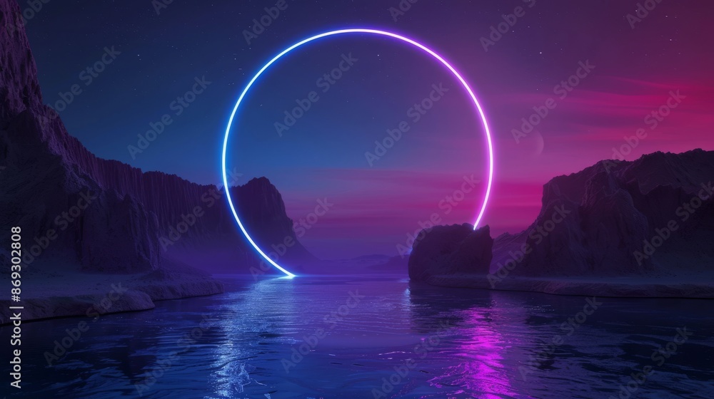 Aufkleber this is a 3d render of an idyllic surreal scene with glowing neon circles floating on the ocean and 