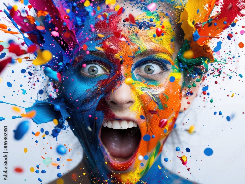 Poster a vibrant and colorful portrait of a person with an expressive face covered in splashes of paint.