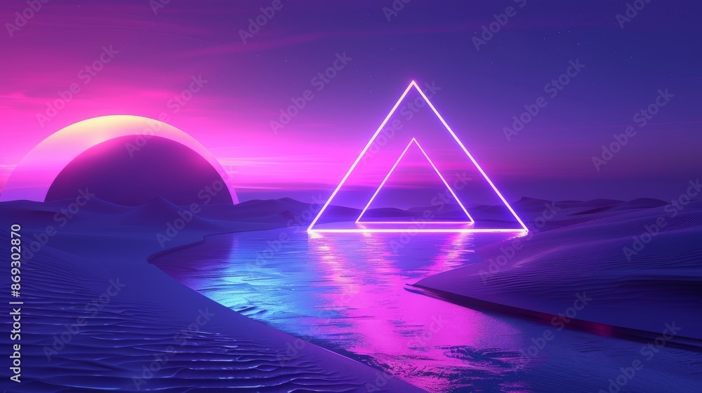 Poster a beautiful dreamy scene with a triangle neon light and reflection ball over water surface over an a