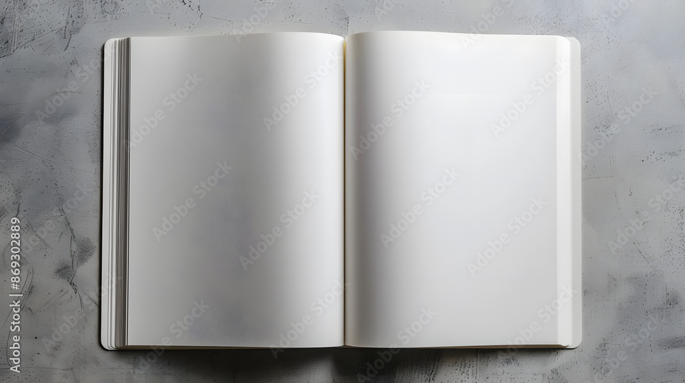 Poster open notebook with blank pages on grey textured background, top view. mockup for design
