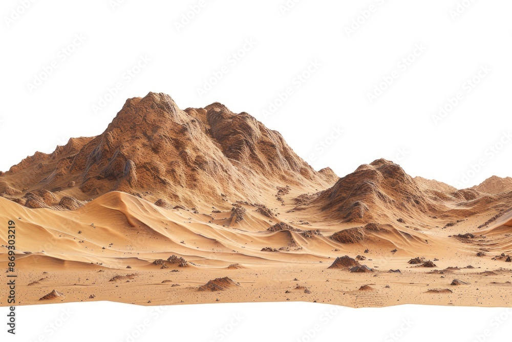 Poster a desert scene with a mountain in the background, ideal for use in travel or adventure themed projec