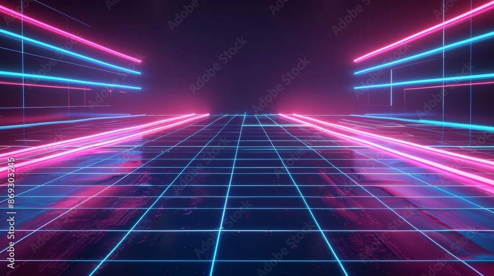Poster rendering of a metallic floor with a neon light reflecting strip in a fast speed technology futurist