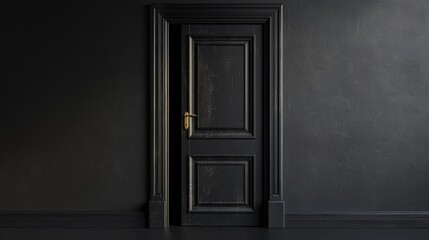 A simple black door with a gold handle in a dark room, providing an air of mystery and luxury