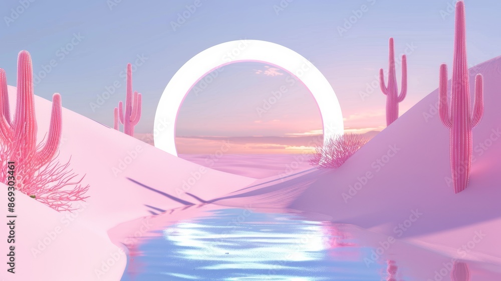 Poster this is a 3d render of an abstract surreal landscape with dune and lake with a blank transparent cir