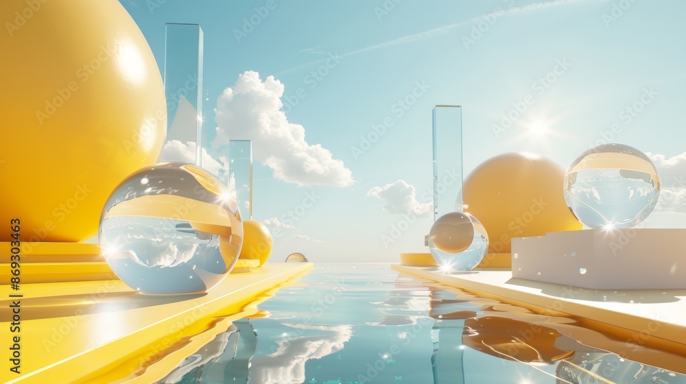 Poster a 3d render of a pastel landscape background with an empty pastel yellow podium on a dune in the mid