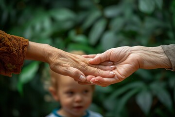 The tender moment of an elderly hand touching a younger hand, with a toddler blurred in the background