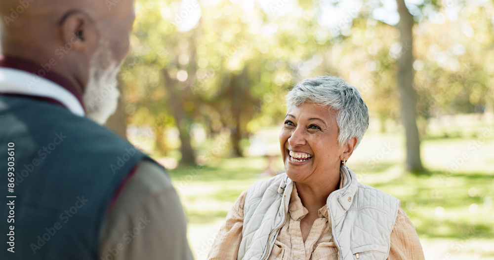 Wall mural Love, happy and Indian woman in park for walk, laugh and talking in retirement in nature or forest. Partner, diverse and support or trust for man and female person, care and conversation together