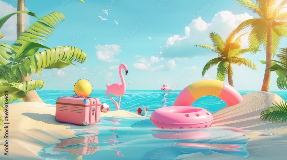 Poster the mock-up scene is a beach and sea scene with empty podium displays and minimal elements.