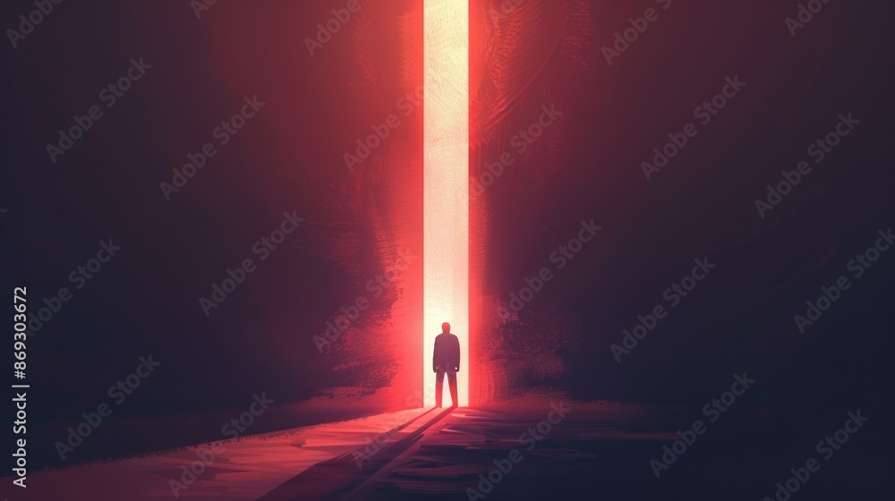 Aufkleber abstract cyberpunk architecture with gradient lighting, man silhouette in front of glowing portal.