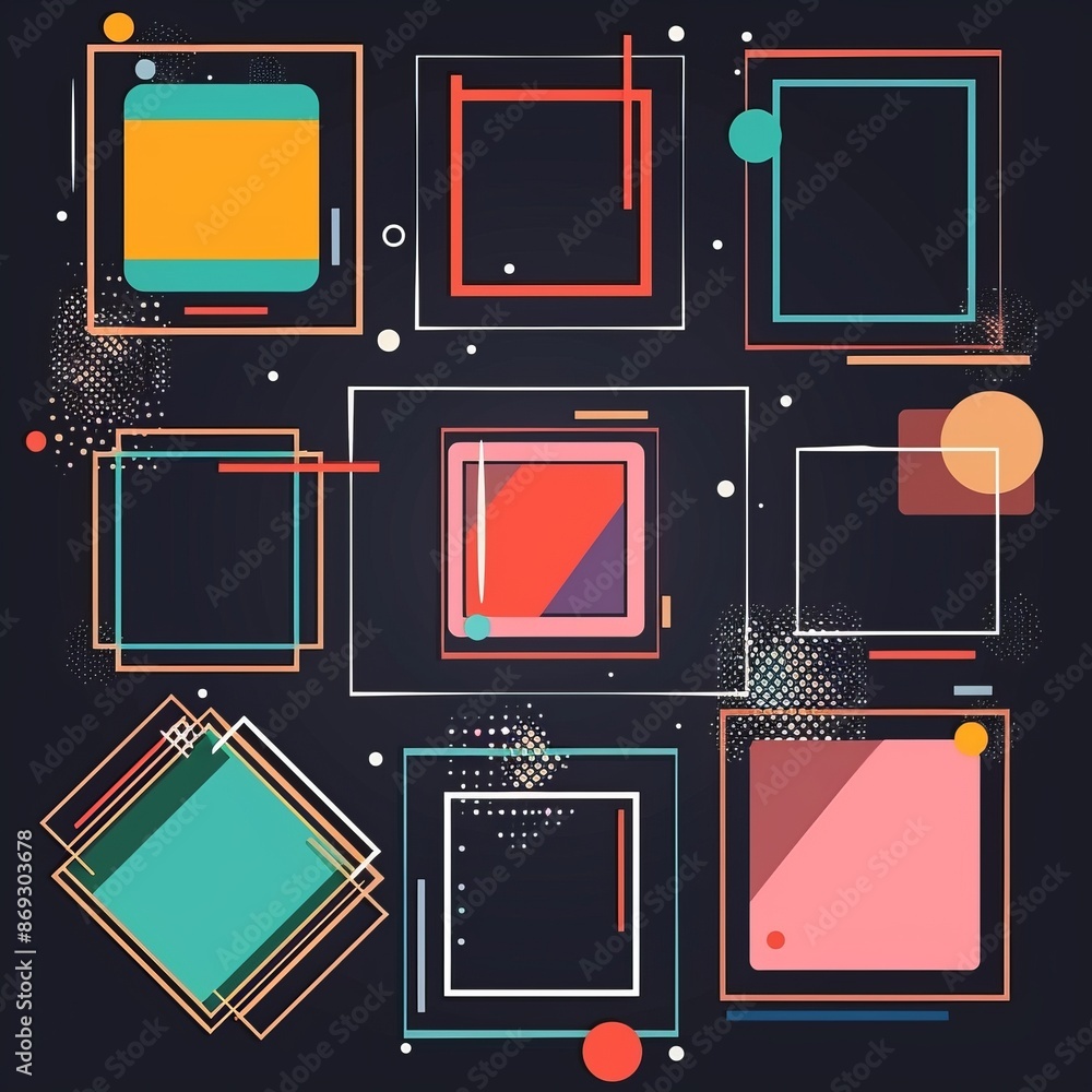 Poster images or icons are framed in retro 80s style. the elements look like old sci-fi style panel screens