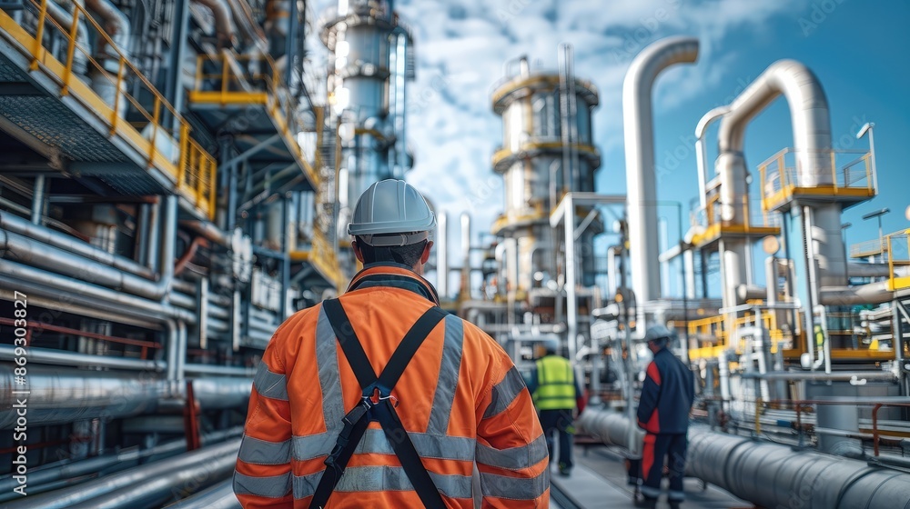 Poster a workers at a gas plant. team of professionals wearing safety gear, actively engaged in monitoring 