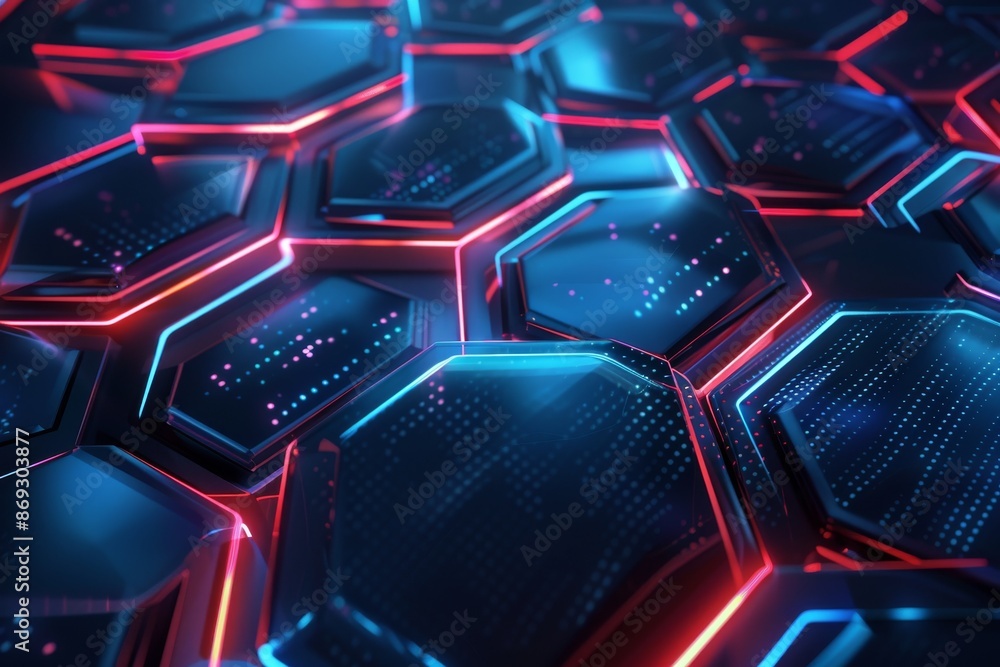 Poster A futuristic hexagon pattern with light rays in a blue abstract. 3D rendering