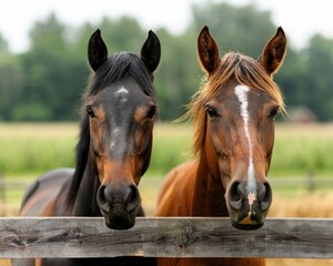 Obraz premium Two horses standing behind a wooden fence in a green field on a clear day, with trees in the background.