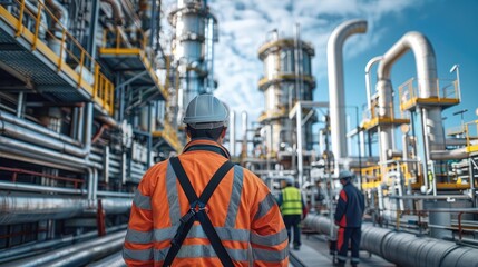 Fototapeta premium A workers at a gas plant. team of professionals wearing safety gear, actively engaged in monitoring and maintaining equipment. gas pipelines and industrial machinery. Generative AI.