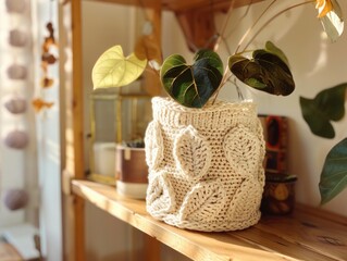 Rustic crochet cream-colored plant cozy with leaf motifs, artfully placed on a wooden shelf in a sunlit room