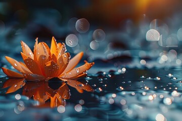 Fototapeta premium A single orange flower floating on the surface of a body of water, with calm surroundings