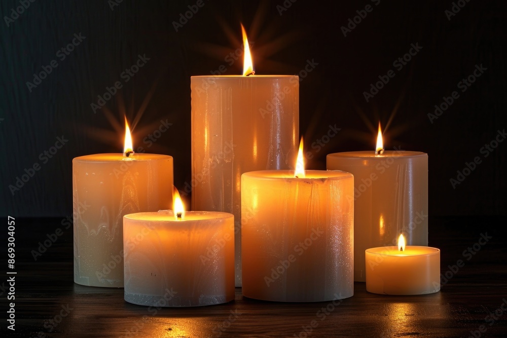 Poster a group of three candles sitting on top of a wooden table, perfect for use in interior design or dec
