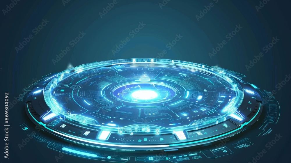 Poster An abstract futuristic circle screen design in cyberpunk style. The screen has a blue background and is in a futuristic cyberpunk style. Technology demonstration on a display in a futuristic