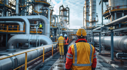 Fototapeta premium A workers at a gas plant. team of professionals wearing safety gear, actively engaged in monitoring and maintaining equipment. gas pipelines and industrial machinery. Generative AI.