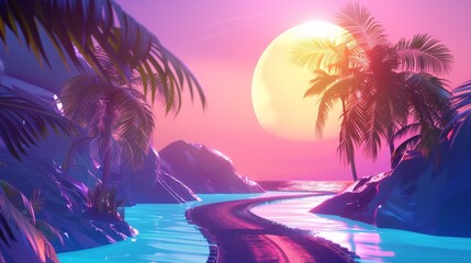 Retrowave vaporwave background with neon lights and low poly terrain grid. Vintage cyberpunk vaporwave 3D render with mountains, sun, and stars, styled in the 80's retro retro futuristic sci-fi