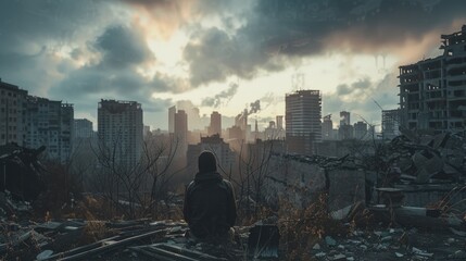 A person sitting on a pile of rubble, possibly after an earthquake or demolition