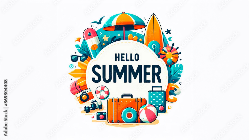 Fototapete hello summer greeting text in circular white frame with colorful beach element: umbrella, surfboard,