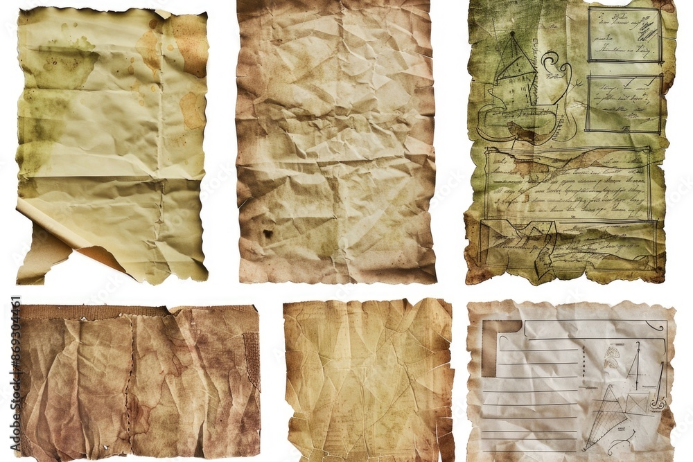 Poster a stack of worn-out paper with tears and creases, sitting on a clean white surface