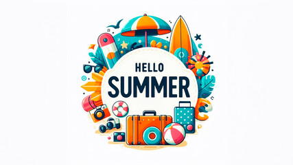 Fototapeta premium Hello Summer greeting text in circular white frame with colorful beach element: umbrella, surfboard, luggage, ball. Hello summer beach vector concept.