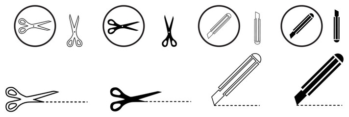 Obraz premium Cutter knife, stationery knife icon set, in trendy outline style design, Vector graphic illustration, Cutter icon for website design.