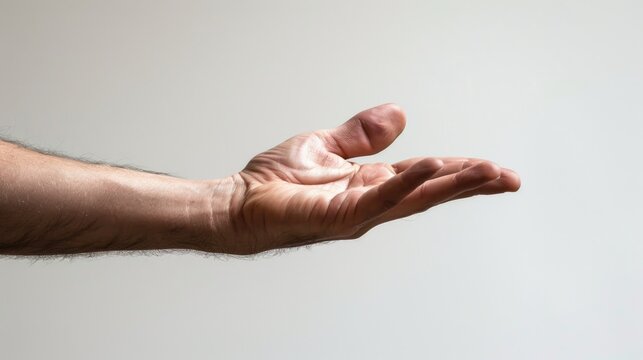 A person's hand grasping an object, suspended above ground level