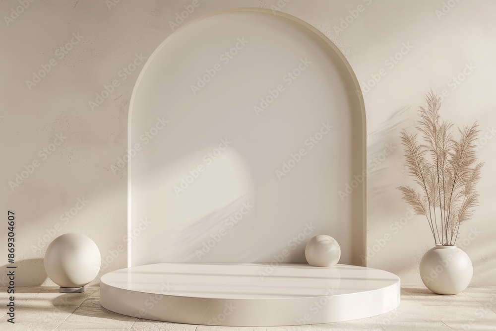 Poster model of abstract geometric forms on a white marble podium. display scene for a display of a mockup 