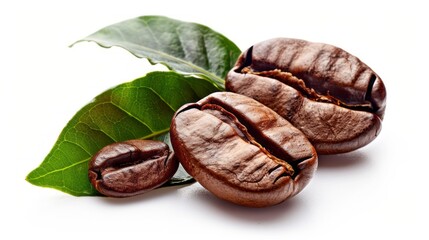 A close-up shot of three roasted coffee beans resting on a fresh green leaf